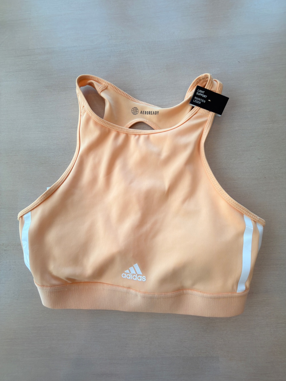 adidas Peach High-Neck AEROREADY Sports Bra with White Stripes